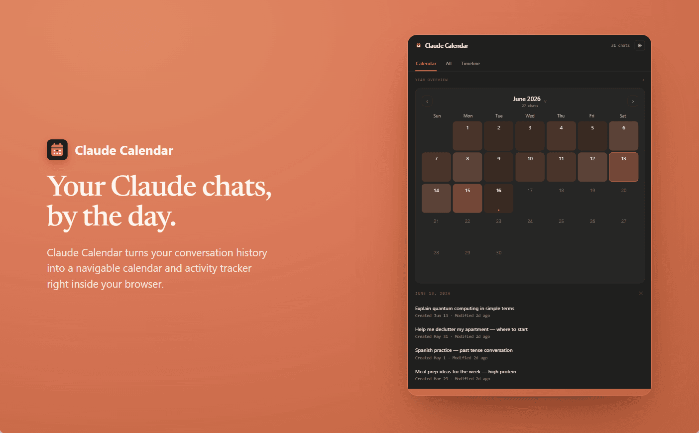 Claude Calendar monthly calendar view showing every day you used Claude, with conversation counts by date