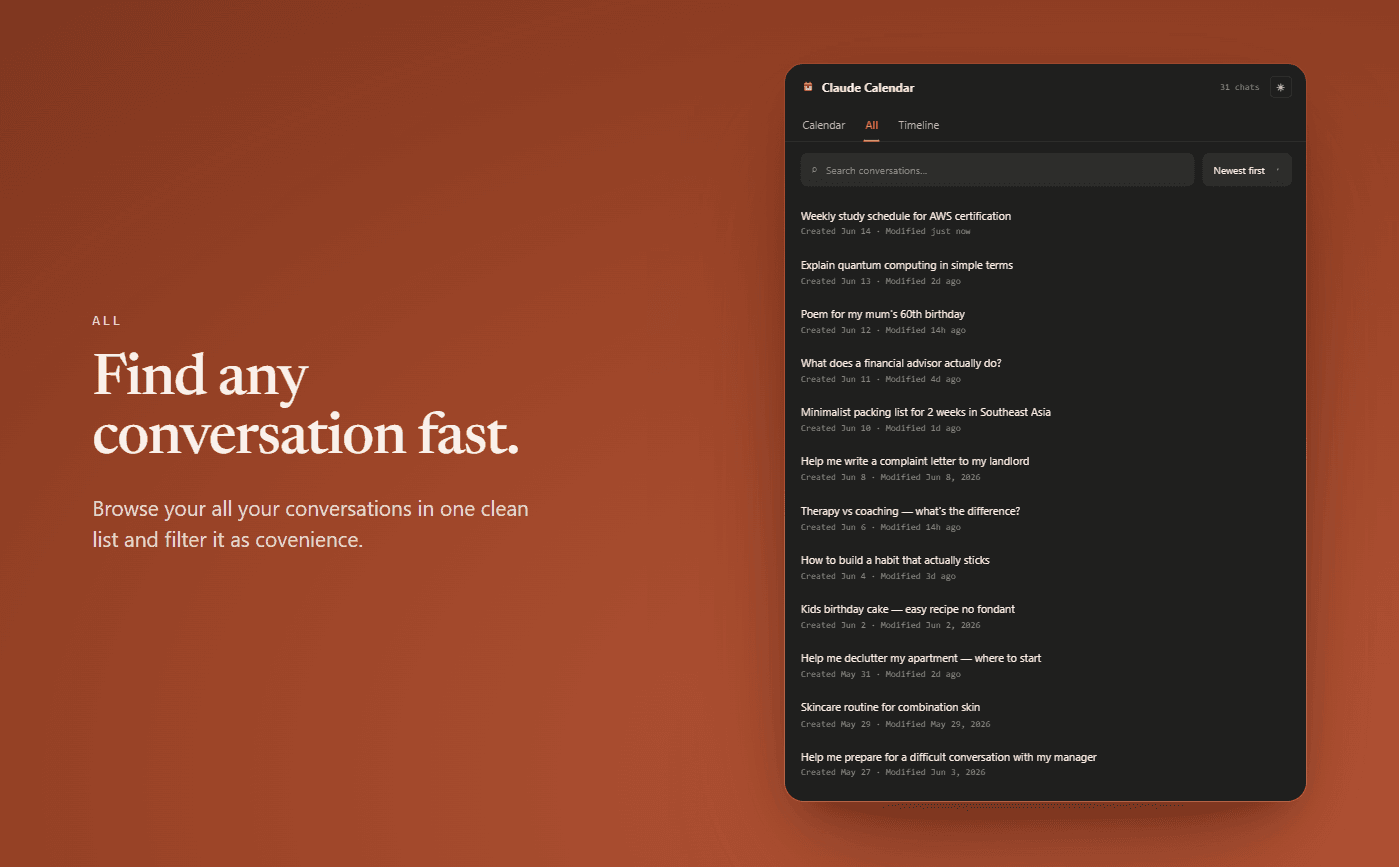 Claude Calendar all-conversations panel with search and filter controls to find any chat instantly